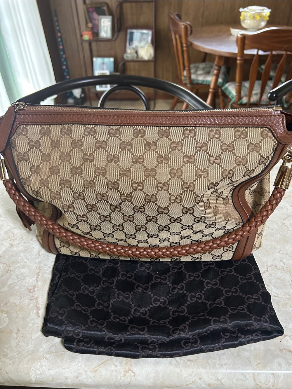 Gucci Beige and Brown GG Canvas Braided-Handle Shoulder Bag